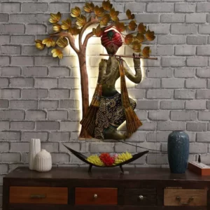 Iron Lord Krishna Wall Art With LED In Multicolour