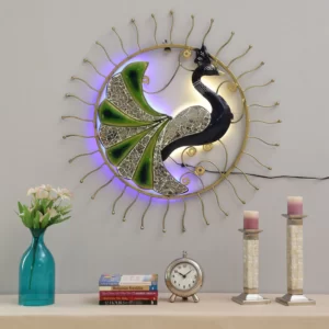 Iron Peocock Wall Art With LED In Green